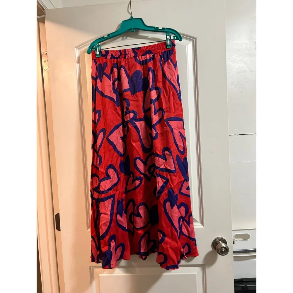 FARM Rio for Anthropologie Maxi Skirt Red Blue Pink Heart‎ Print Elastic Waist S